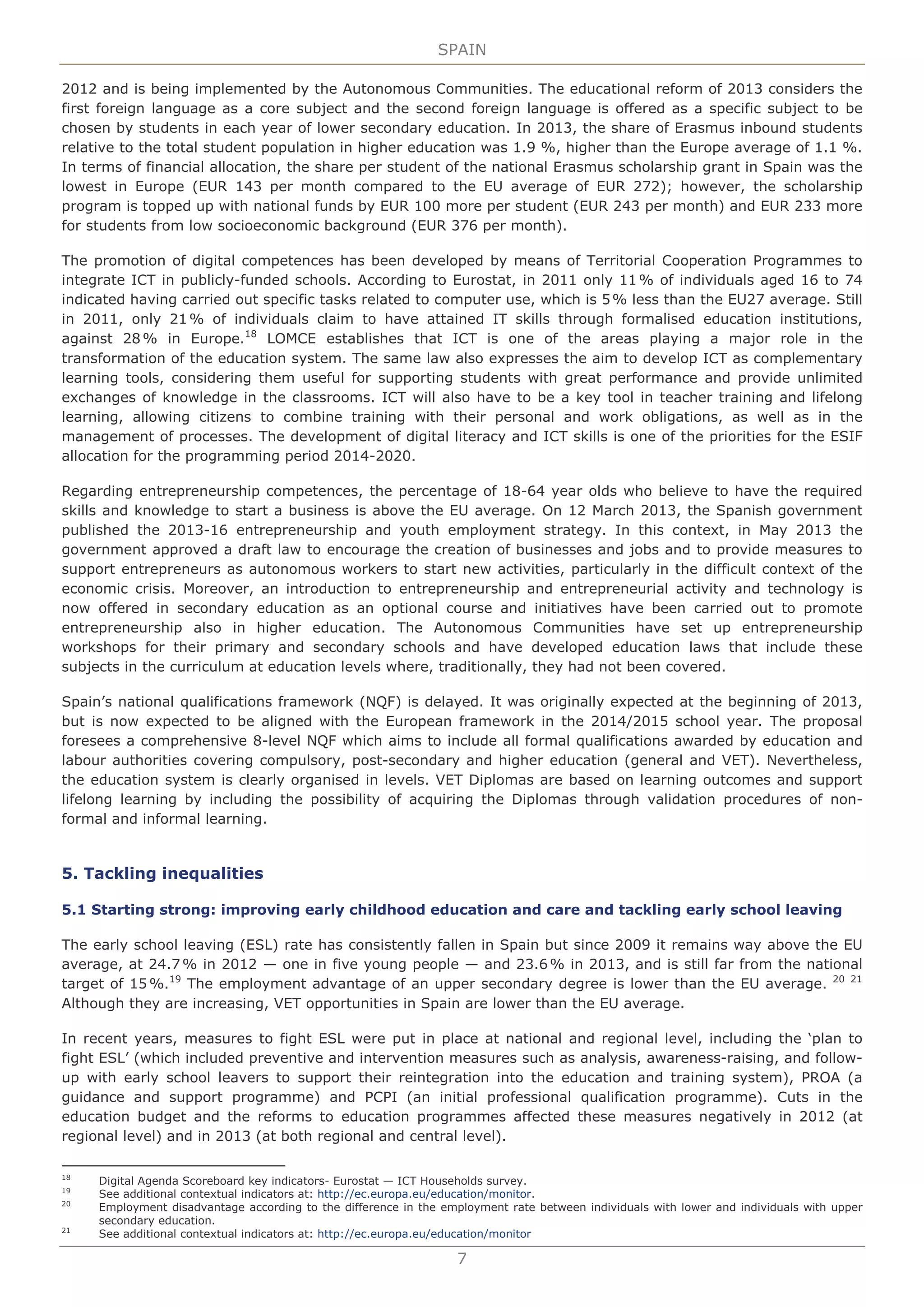 Education and training monitor 2014. Spain. European commission