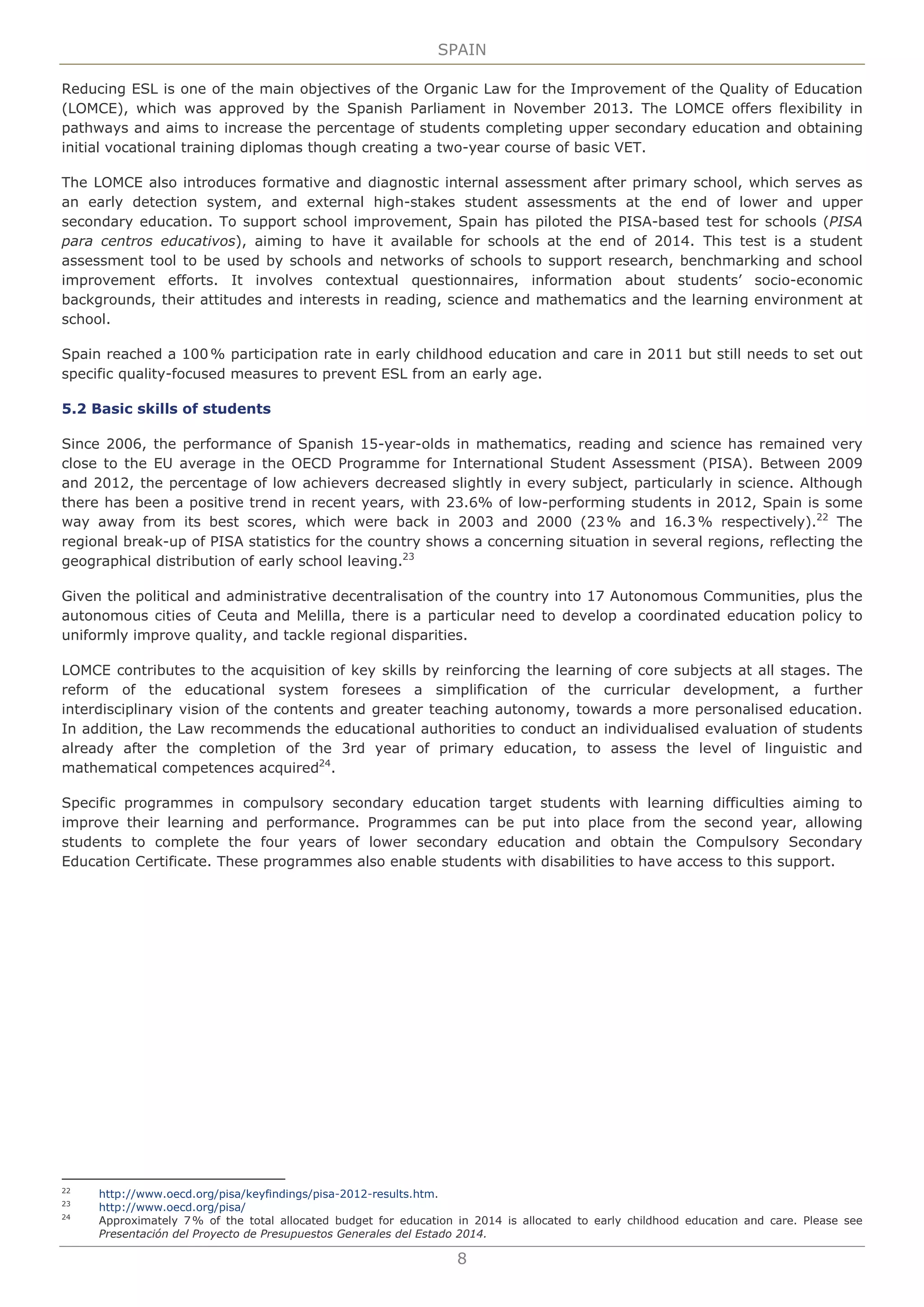 Education and training monitor 2014. Spain. European commission