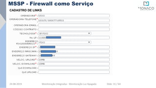 CADASTRO DE LINKS
MSSP - Firewall como Serviço
24-08-2019 Monitoração Integradas - Monitoração Luz Apagada Slide: 31 / 64
 