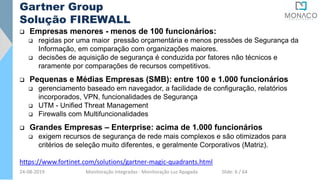  Empresas menores - menos de 100 funcionários:
 regidas por uma maior pressão orçamentária e menos pressões de Segurança da
Informação, em comparação com organizações maiores.
 decisões de aquisição de segurança é conduzida por fatores não técnicos e
raramente por comparações de recursos competitivos.
 Pequenas e Médias Empresas (SMB): entre 100 e 1.000 funcionários
 gerenciamento baseado em navegador, a facilidade de configuração, relatórios
incorporados, VPN, funcionalidades de Segurança
 UTM - Unified Threat Management
 Firewalls com Multifuncionalidades
 Grandes Empresas – Enterprise: acima de 1.000 funcionários
 exigem recursos de segurança de rede mais complexos e são otimizados para
critérios de seleção muito diferentes, e geralmente Corporativos (Matriz).
https://www.fortinet.com/solutions/gartner-magic-quadrants.html
Gartner Group
Solução FIREWALL
24-08-2019 Monitoração Integradas - Monitoração Luz Apagada Slide: 6 / 64
 