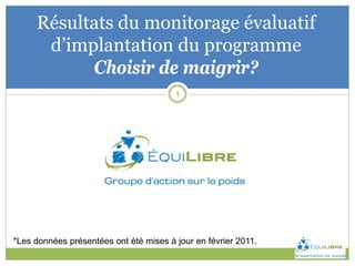 Résultats du monitorage évaluatif
      d’implantation du programme
           Choisir de maigrir?
                                        1




*Les données présentées ont été mises à jour en février 2011.
 