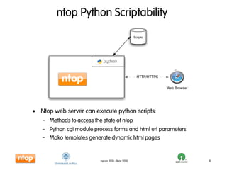 ntop Python Scriptability
                                                  Scripts




                                                    HTTP/HTTPS


                                                                 Web Browser




• Ntop web server can execute python scripts:
   – Methods to access the state of ntop
   – Python cgi module process forms and html url parameters
   – Mako templates generate dynamic html pages


                          pycon 2010 - May 2010                                8
 