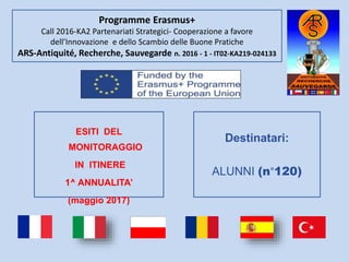Programme Erasmus+
Call 2016-KA2 Partenariati Strategici- Cooperazione a favore
dell’Innovazione e dello Scambio delle Buone Pratiche
ARS-Antiquité, Recherche, Sauvegarde n. 2016 - 1 - IT02-KA219-024133
Destinatari:
ALUNNI (n°120)
ESITI DEL
MONITORAGGIO
IN ITINERE
1^ ANNUALITA’
(maggio 2017)
 