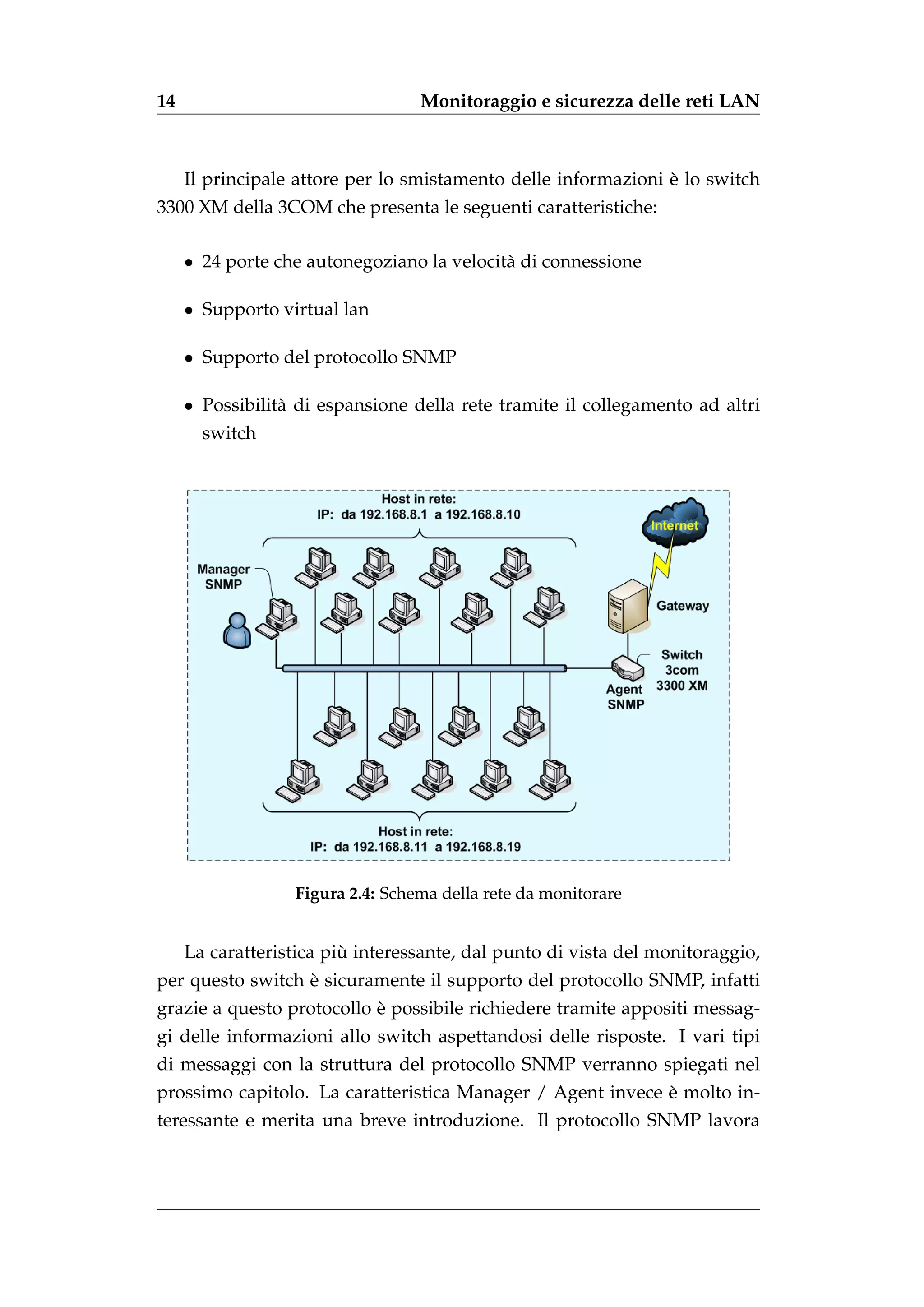 14                                Monitoraggio e sicurezza delle reti LAN



                                                                `
     Il principale attore per lo smistamento delle informazioni e lo switch
3300 XM della 3COM che presenta le seguenti caratteristiche:

     • 24 porte che autonegoziano la velocit` di connessione
                                            a

     • Supporto virtual lan

     • Supporto del protocollo SNMP

     • Possibilit` di espansione della rete tramite il collegamento ad altri
                 a
       switch




                  Figura 2.4: Schema della rete da monitorare


                         `
     La caratteristica piu interessante, dal punto di vista del monitoraggio,
                  `
per questo switch e sicuramente il supporto del protocollo SNMP, infatti
                           `
grazie a questo protocollo e possibile richiedere tramite appositi messag-
gi delle informazioni allo switch aspettandosi delle risposte. I vari tipi
di messaggi con la struttura del protocollo SNMP verranno spiegati nel
                                                            `
prossimo capitolo. La caratteristica Manager / Agent invece e molto in-
teressante e merita una breve introduzione. Il protocollo SNMP lavora
 