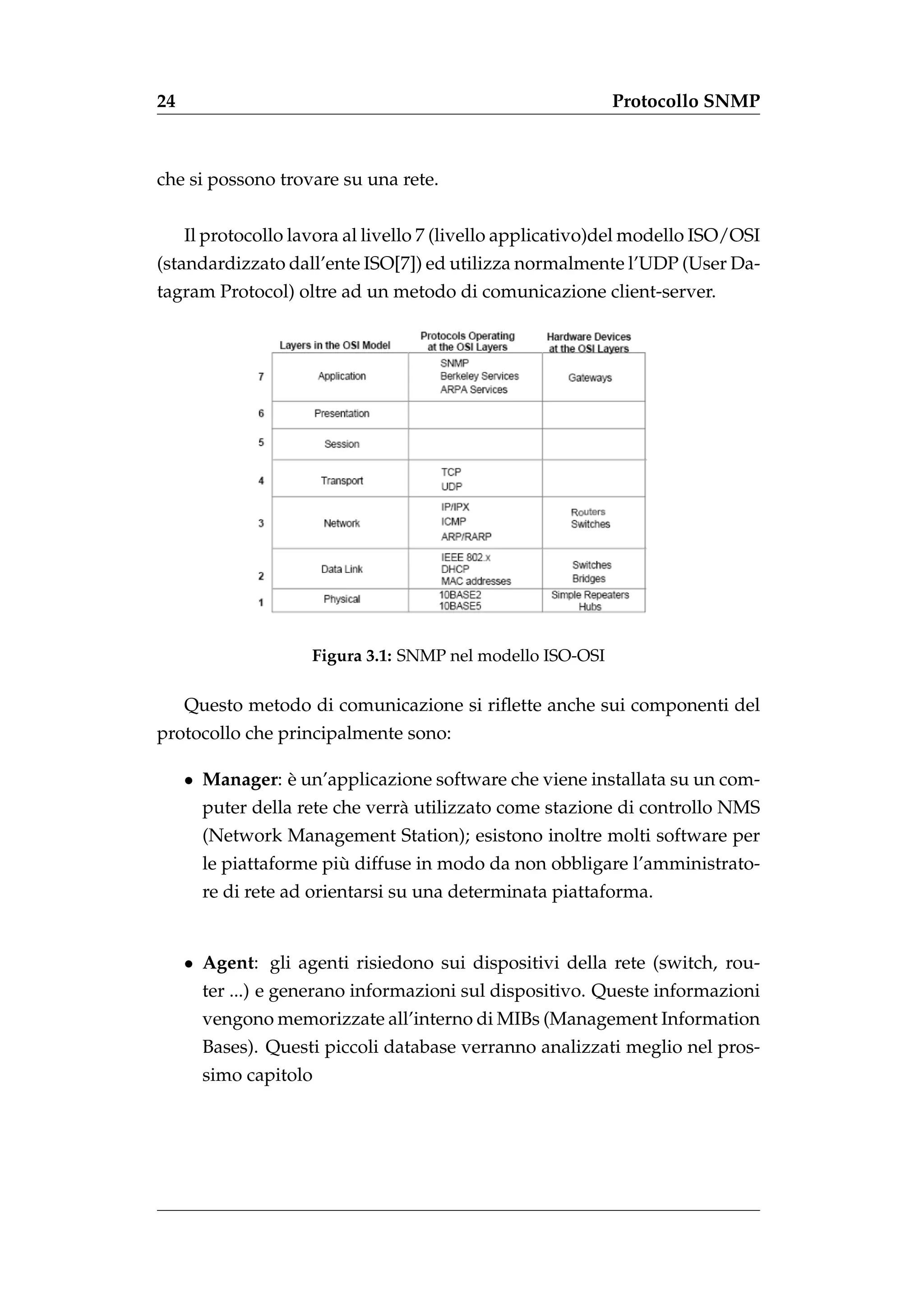 24                                                          Protocollo SNMP



che si possono trovare su una rete.


     Il protocollo lavora al livello 7 (livello applicativo)del modello ISO/OSI
(standardizzato dall’ente ISO[7]) ed utilizza normalmente l’UDP (User Da-
tagram Protocol) oltre ad un metodo di comunicazione client-server.




                     Figura 3.1: SNMP nel modello ISO-OSI

     Questo metodo di comunicazione si riﬂette anche sui componenti del
protocollo che principalmente sono:

     • Manager: e un’applicazione software che viene installata su un com-
                `
       puter della rete che verr` utilizzato come stazione di controllo NMS
                                a
       (Network Management Station); esistono inoltre molti software per
                        `
       le piattaforme piu diffuse in modo da non obbligare l’amministrato-
       re di rete ad orientarsi su una determinata piattaforma.


     • Agent: gli agenti risiedono sui dispositivi della rete (switch, rou-
       ter ...) e generano informazioni sul dispositivo. Queste informazioni
       vengono memorizzate all’interno di MIBs (Management Information
       Bases). Questi piccoli database verranno analizzati meglio nel pros-
       simo capitolo
 