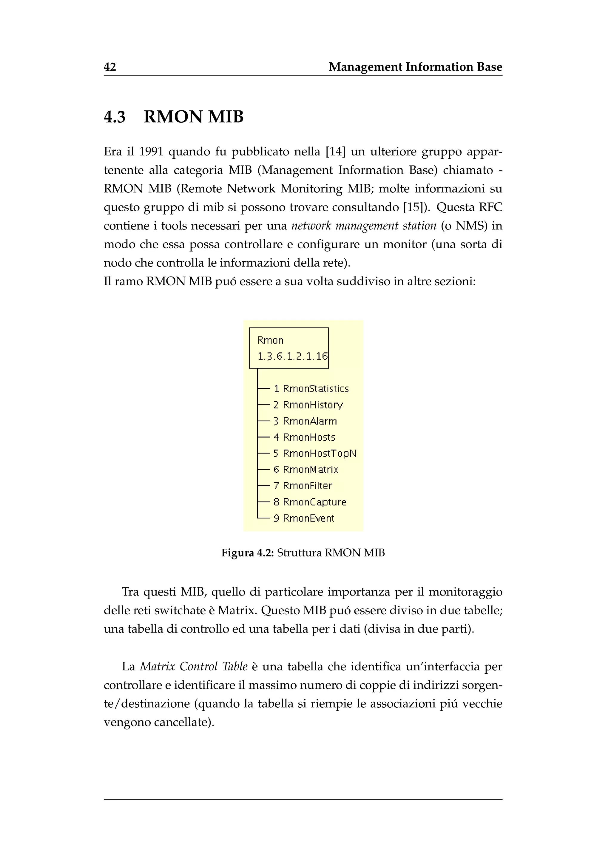 42                                          Management Information Base



4.3 RMON MIB
Era il 1991 quando fu pubblicato nella [14] un ulteriore gruppo appar-
tenente alla categoria MIB (Management Information Base) chiamato -
RMON MIB (Remote Network Monitoring MIB; molte informazioni su
questo gruppo di mib si possono trovare consultando [15]). Questa RFC
contiene i tools necessari per una network management station (o NMS) in
modo che essa possa controllare e conﬁgurare un monitor (una sorta di
nodo che controlla le informazioni della rete).
                   ´
Il ramo RMON MIB puo essere a sua volta suddiviso in altre sezioni:




                       Figura 4.2: Struttura RMON MIB


     Tra questi MIB, quello di particolare importanza per il monitoraggio
                     `                      ´
delle reti switchate e Matrix. Questo MIB puo essere diviso in due tabelle;
una tabella di controllo ed una tabella per i dati (divisa in due parti).


     La Matrix Control Table e una tabella che identiﬁca un’interfaccia per
                             `
controllare e identiﬁcare il massimo numero di coppie di indirizzi sorgen-
                                                                ´
te/destinazione (quando la tabella si riempie le associazioni piu vecchie
vengono cancellate).
 