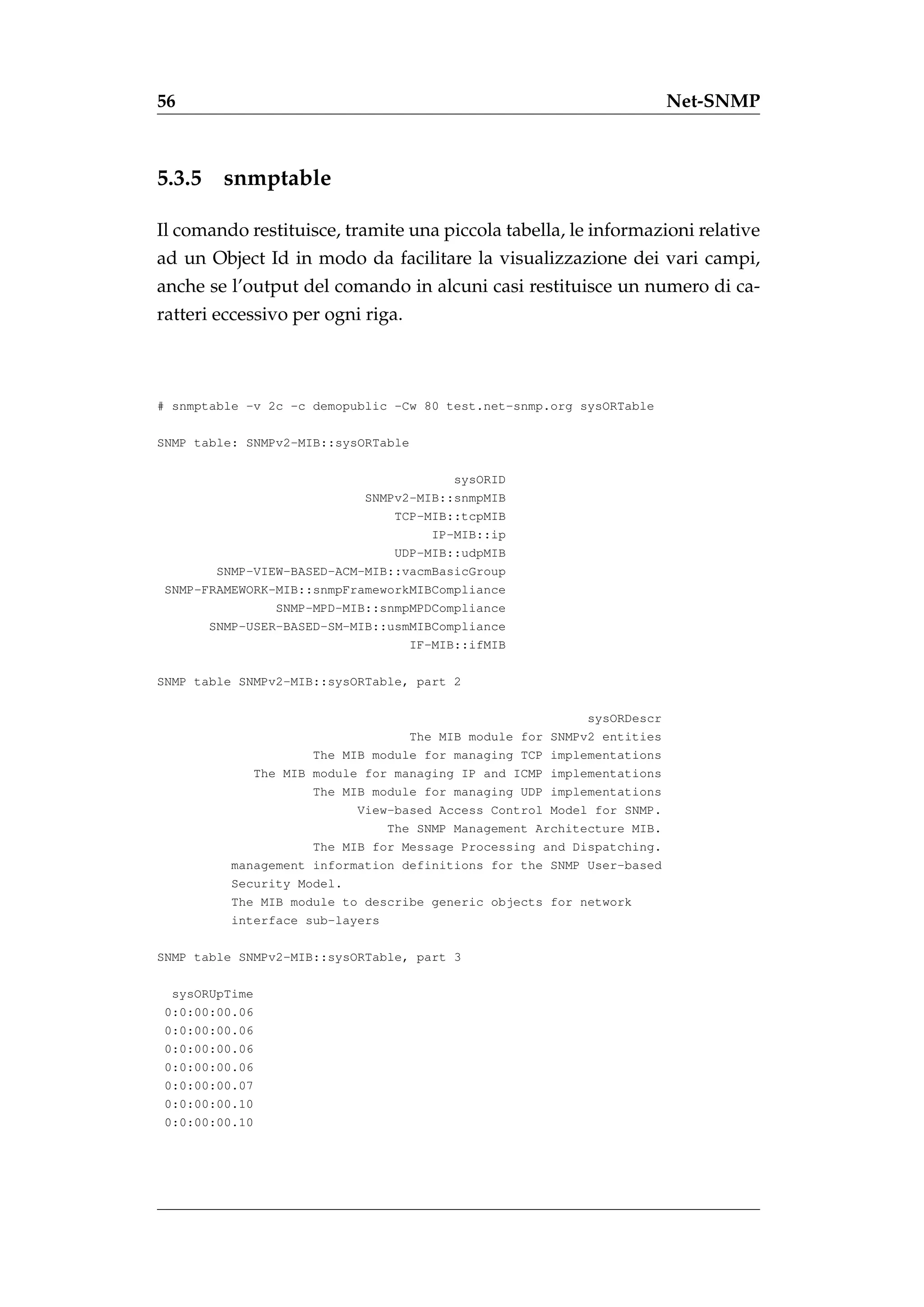 56                                                                     Net-SNMP



5.3.5    snmptable

Il comando restituisce, tramite una piccola tabella, le informazioni relative
ad un Object Id in modo da facilitare la visualizzazione dei vari campi,
anche se l’output del comando in alcuni casi restituisce un numero di ca-
ratteri eccessivo per ogni riga.



# snmptable -v 2c -c demopublic -Cw 80 test.net-snmp.org sysORTable

SNMP table: SNMPv2-MIB::sysORTable

                                        sysORID
                            SNMPv2-MIB::snmpMIB
                                TCP-MIB::tcpMIB
                                     IP-MIB::ip
                                UDP-MIB::udpMIB
        SNMP-VIEW-BASED-ACM-MIB::vacmBasicGroup
 SNMP-FRAMEWORK-MIB::snmpFrameworkMIBCompliance
                SNMP-MPD-MIB::snmpMPDCompliance
       SNMP-USER-BASED-SM-MIB::usmMIBCompliance
                                  IF-MIB::ifMIB

SNMP table SNMPv2-MIB::sysORTable, part 2

                                                          sysORDescr
                                  The MIB module for SNMPv2 entities
                     The MIB module for managing TCP implementations
             The MIB module for managing IP and ICMP implementations
                     The MIB module for managing UDP implementations
                           View-based Access Control Model for SNMP.
                               The SNMP Management Architecture MIB.
                     The MIB for Message Processing and Dispatching.
          management information definitions for the SNMP User-based
          Security Model.
          The MIB module to describe generic objects for network
          interface sub-layers

SNMP table SNMPv2-MIB::sysORTable, part 3

  sysORUpTime
 0:0:00:00.06
 0:0:00:00.06
 0:0:00:00.06
 0:0:00:00.06
 0:0:00:00.07
 0:0:00:00.10
 0:0:00:00.10
 