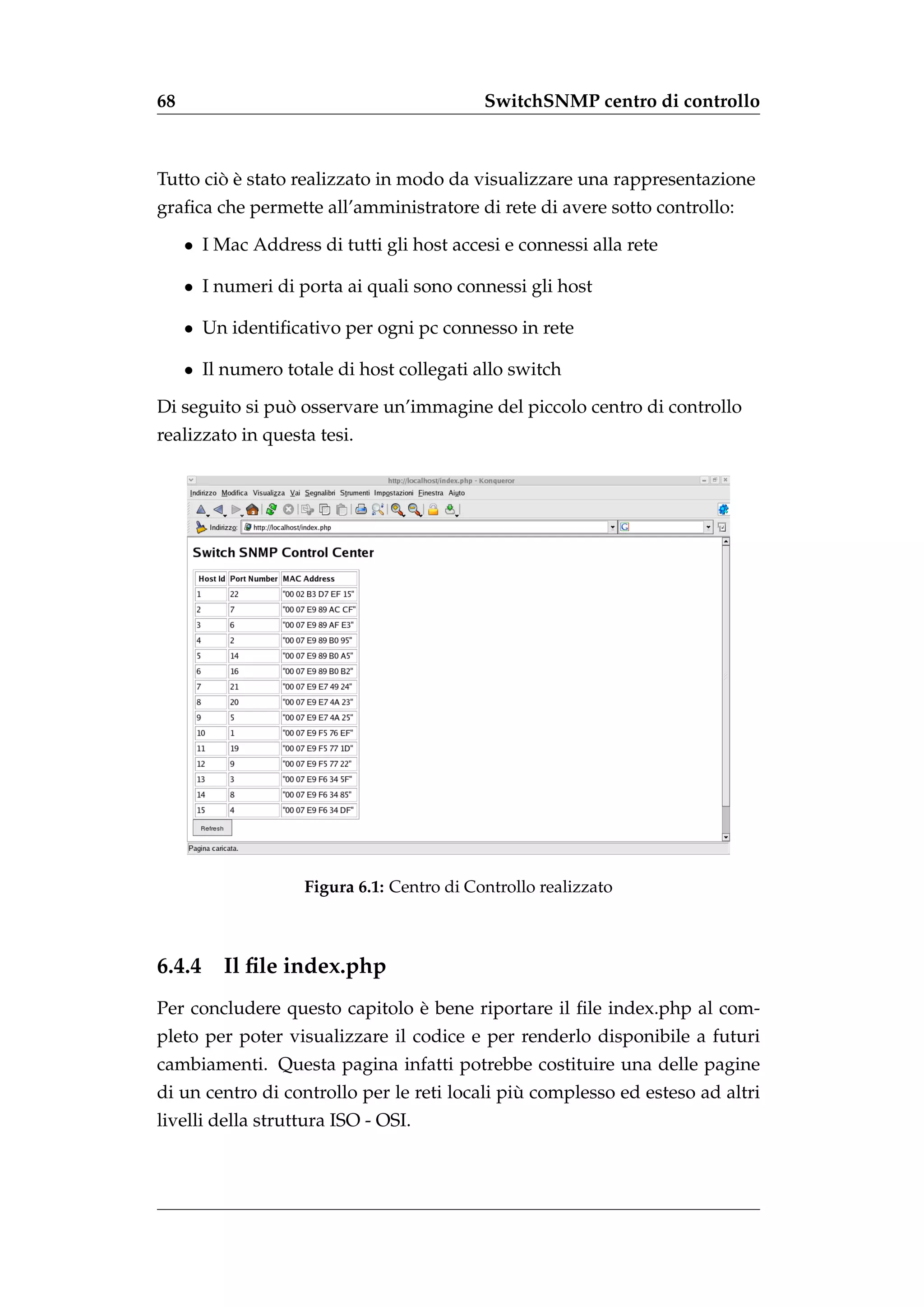 68                                          SwitchSNMP centro di controllo



        ` `
Tutto cio e stato realizzato in modo da visualizzare una rappresentazione
graﬁca che permette all’amministratore di rete di avere sotto controllo:

     • I Mac Address di tutti gli host accesi e connessi alla rete

     • I numeri di porta ai quali sono connessi gli host

     • Un identiﬁcativo per ogni pc connesso in rete

     • Il numero totale di host collegati allo switch

                `
Di seguito si puo osservare un’immagine del piccolo centro di controllo
realizzato in questa tesi.




                    Figura 6.1: Centro di Controllo realizzato



6.4.4     Il ﬁle index.php
                               `
Per concludere questo capitolo e bene riportare il ﬁle index.php al com-
pleto per poter visualizzare il codice e per renderlo disponibile a futuri
cambiamenti. Questa pagina infatti potrebbe costituire una delle pagine
                                               `
di un centro di controllo per le reti locali piu complesso ed esteso ad altri
livelli della struttura ISO - OSI.
 