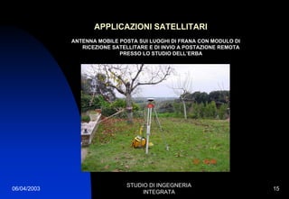 06/04/2003
STUDIO DI INGEGNERIA
INTEGRATA
15
APPLICAZIONI SATELLITARI
ANTENNA MOBILE POSTA SUI LUOGHI DI FRANA CON MODULO DI
RICEZIONE SATELLITARE E DI INVIO A POSTAZIONE REMOTA
PRESSO LO STUDIO DELL’ERBA
 