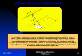 06/04/2003
STUDIO DI INGEGNERIA
INTEGRATA
25
h
S
Flightdirection
Il Radar ad Apertura Sintetica (SAR)
La tecnica SAR è utilizzata al fine di ottenere immagini a microonde ad elevata risoluzione spaziale. La sintesi di
antenna è ottenuta ripetendo misure radar con un opportuno campionamento spaziale mentre il sensore si posta su
una traiettoria usualmente rettilinea. Il trattamento successivo dei dati consenteinfine di ottenere un’immagine con
risoluzione spaziale approssimativamente pari a quella ottenibile con un’antenna reale di dimensione uguale alla
lunghezza del segmento percorso dal sensore L’acquisizione dei dati e il seguente trattamento possono essere effettuate
in modo da preservare anche l’informazione di fase presente nel segnale. La tecnica SAR si applica con sensore montati
su piattaforme satellitari, aviotrasportate o basate a terra.
La tecnica SAR è utilizzata al fine di ottenere immagini a microonde ad elevata risoluzione spaziale. La sintesi di
antenna è ottenuta ripetendo misure radar con un opportuno campionamento spaziale mentre il sensore si posta su
una traiettoria usualmente rettilinea. Il trattamento successivo dei dati consenteinfine di ottenere un’immagine con
risoluzione spaziale approssimativamente pari a quella ottenibile con un’antenna reale di dimensione uguale alla
lunghezza del segmento percorso dal sensore L’acquisizione dei dati e il seguente trattamento possono essere effettuate
in modo da preservare anche l’informazione di fase presente nel segnale. La tecnica SAR si applica con sensore montati
su piattaforme satellitari, aviotrasportate o basate a terra.
 