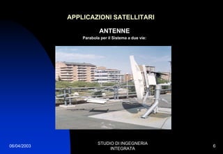 06/04/2003
STUDIO DI INGEGNERIA
INTEGRATA
6
APPLICAZIONI SATELLITARI
ANTENNE
Parabola per il Sistema a due vie:
 