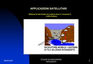 06/04/2003
STUDIO DI INGEGNERIA
INTEGRATA
9
APPLICAZIONI SATELLITARI
Sistema di rete locale sul costone dove e’ avvenuto il
crollo tufaceo
 