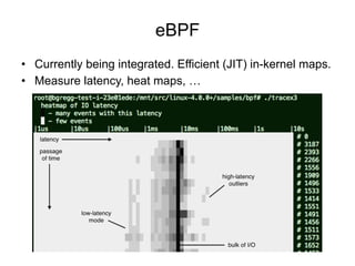 eBPF
•  Currently being integrated. Efficient (JIT) in-kernel maps.
•  Measure latency, heat maps, …
 