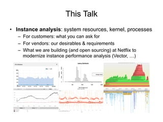 This Talk
•  Instance analysis: system resources, kernel, processes
–  For customers: what you can ask for
–  For vendors: our desirables & requirements
–  What we are building (and open sourcing) at Netflix to
modernize instance performance analysis (Vector, …)
 