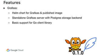 ● Grafeas:
○ Helm chart for Grafeas & published image
○ Standalone Grafeas server with Postgres storage backend
○ Basic support for Go client library
Features
0.1.0
 