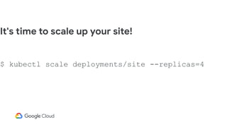 It's time to scale up your site!
$ kubectl scale deployments/site --replicas=4
 