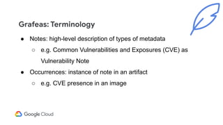 Grafeas: Terminology
● Notes: high-level description of types of metadata
○ e.g. Common Vulnerabilities and Exposures (CVE) as
Vulnerability Note
● Occurrences: instance of note in an artifact
○ e.g. CVE presence in an image
 