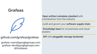 Grafeas
Open artifact metadata standard with
contributions from the industry
Audit and govern your software supply chain
Knowledge base for on-premises and cloud
clusters
API with pluggable storage backendsgithub.com/grafeas/grafeas
grafeas-users@googlegroups.com
grafeas-dev@googlegroups.com
@Grafeasio
 