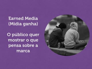 Earned Media
(Mídia ganha)
!
O público quer
mostrar o que
pensa sobre a
marca
 