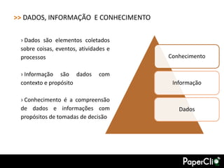 >> DADOS, INFORMAÇÃO E CONHECIMENTO

 › Dados são elementos coletados
 sobre coisas, eventos, atividades e
 processos                             Conhecimento

 › Informação são dados        com
 contexto e propósito                   Informação

 › Conhecimento é a compreensão
 de dados e informações com               Dados
 propósitos de tomadas de decisão
 