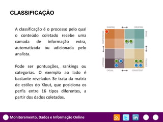 CLASSIFICAÇÃO

  A classificação é o processo pelo qual
  o conteúdo coletado recebe uma
  camada       de   informação     extra,
  automatizada ou adicionada pelo
  analista.

  Pode ser pontuações, rankings ou
  categorias. O exemplo ao lado é
  bastante revelador. Se trata da matriz
  de estilos do Klout, que posiciona os
  perfis entre 16 tipos diferentes, a
  partir dos dados coletados.



Monitoramento, Dados e Informação Online
 