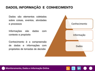 DADOS, INFORMAÇÃO E CONHECIMENTO

  Dados são elementos coletados
  sobre coisas, eventos, atividades
  e processos                              Conhecimento

  Informações são dados          com
  contexto e propósito                      Informação

  Conhecimento é a compreensão
  de dados e informações com                  Dados
  propósitos de tomadas de decisão




Monitoramento, Dados e Informação Online
 