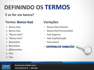 DEFININDO OS  TERMOS Termo:  Banco Itaú Banco Itaú Banco Itau “ Banco Itaú” “ Banco Itau” BancoItaú BancoItau @bancoitau Itaú Itau E se for um banco? Banco Itaú Uniclass Banco Itaú Personnalité Itaú Seguros Itaú Capitalização Itaú Jovem Variações CENTENAS DE VARIAÇÕES 