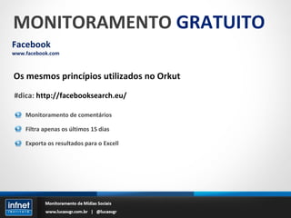 MONITORAMENTO  GRATUITO Facebook www.facebook.com Os mesmos princípios utilizados no Orkut #dica:  http://facebooksearch.eu/ Monitoramento de comentários Filtra apenas os últimos 15 dias Exporta os resultados para o Excell 