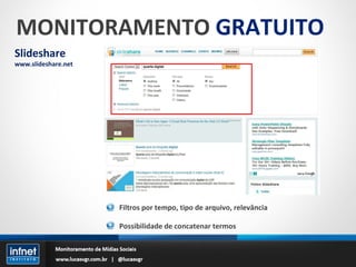 MONITORAMENTO  GRATUITO Slideshare www.slideshare.net Filtros por tempo, tipo de arquivo, relevância Possibilidade de concatenar termos 