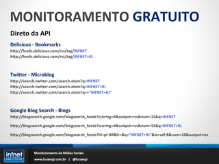 MONITORAMENTO  GRATUITO Direto da API Delicious - Bookmarks http://feeds.delicious.com/rss/tag/ INFNET http://feeds.delicious.com/rss/tag/ INFNET+RJ Twitter - Microblog http://search.twitter.com/search.atom?q= INFNET http://search.twitter.com/search.atom?q= INFNET+RJ http://search.twitter.com/search.atom?q=+ ”INFNET+RJ” Google Blog Search - Blogs http://blogsearch.google.com/blogsearch_feeds?scoring=d&output=rss&num=15&q= INFNET http://blogsearch.google.com/blogsearch_feeds?scoring=d&output=rss&num=15&q= INFNET+RJ http://blogsearch.google.com/blogsearch_feeds?hl=pt-BR&lr=&q= “INFNET+RJ" &ie=utf-8&num=10&output=rss 