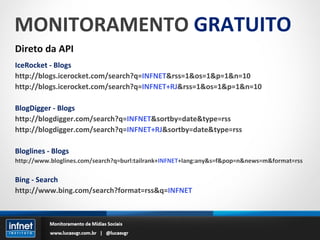 MONITORAMENTO  GRATUITO Direto da API IceRocket - Blogs http://blogs.icerocket.com/search?q= INFNET &rss=1&os=1&p=1&n=10 http://blogs.icerocket.com/search?q= INFNET+RJ &rss=1&os=1&p=1&n=10 BlogDigger - Blogs http://blogdigger.com/search?q= INFNET &sortby=date&type=rss http://blogdigger.com/search?q= INFNET+RJ &sortby=date&type=rss Bloglines - Blogs http://www.bloglines.com/search?q=burl:tailrank+ INFNET +lang:any&s=f&pop=n&news=m&format=rss Bing - Search http://www.bing.com/search?format=rss&q= INFNET 