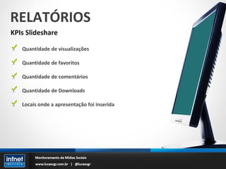 RELATÓRIOS KPIs Slideshare Quantidade de visualizações Quantidade de favoritos Quantidade de comentários Quantidade de Downloads Locais onde a apresentação foi inserida 