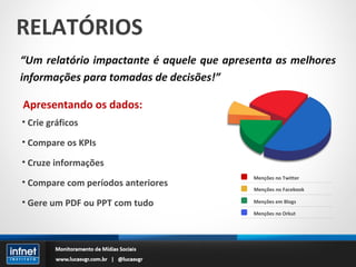 RELATÓRIOS “ Um relatório impactante é aquele que apresenta as melhores informações para tomadas de decisões!” Menções no Orkut Menções em Blogs Menções no Twitter Apresentando os dados: Crie gráficos Compare os KPIs Cruze informações Compare com períodos anteriores Gere um PDF ou PPT com tudo Menções no Facebook 