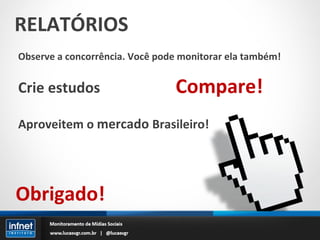 RELATÓRIOS Crie estudos Observe a concorrência. Você pode monitorar ela também! Compare! Aproveitem o  mercado  Brasileiro! Obrigado! 