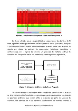 Figura 4 – Painel de Notificação de Falhas nos Serviços de TI


      Os dados coletados sobre a disponibilidade e o desempenho dos Serviços de TI
ficam registrados na solução de acordo com o diagrama de blocos apresentado na Figura
5, para serem consultados pelas áreas interessadas e geram alertas para as áreas de
suporte   em   relação   às   variáveis      de     desempenho          (velocidade,   capacidade   e
confiabilidade) com o objetivo de subsidiar um processo de melhoria contínua da
qualidade dos Serviços de TI e de sua contribuição para o negócio da organização.




                Figura 5 – Diagrama de Blocos da Solução Proposta


      Os dados coletados e consolidados podem também ser confrontados com Acordos
de Nível de Serviço (ANS) definidos previamente para acompanhamento e identificação
de potenciais problemas que possam afetar a percepção por parte dos usuários da
qualidade dos Serviços de TI ou identificar oportunidades de melhoria visando o


                         Prof. Ivan Luizio Magalhães (ivan_luizio@hotmail.com)
 