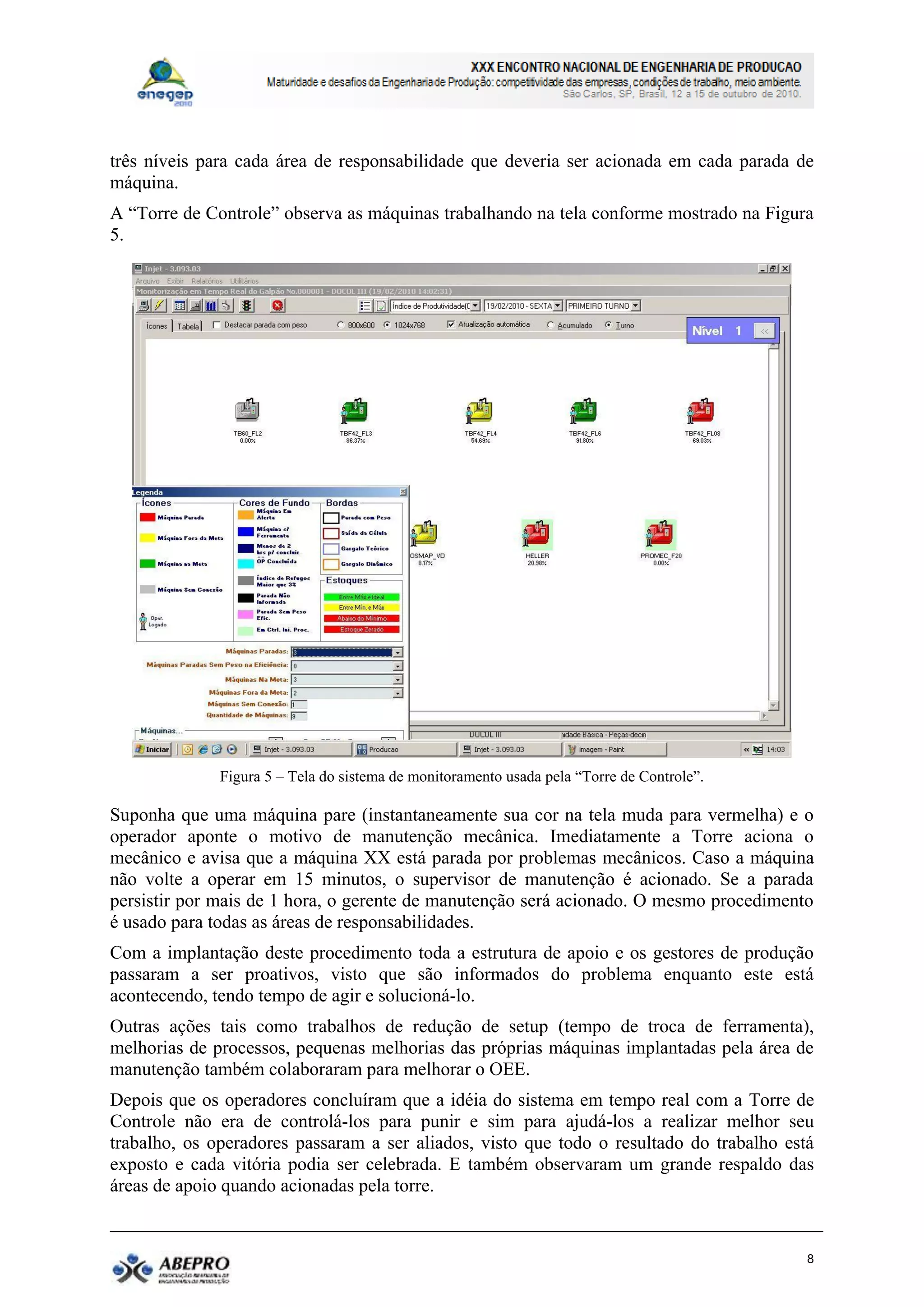 três níveis para cada área de responsabilidade que deveria ser acionada em cada parada de
máquina.
A “Torre de Controle” observa as máquinas trabalhando na tela conforme mostrado na Figura
5.




              Figura 5 – Tela do sistema de monitoramento usada pela “Torre de Controle”.

Suponha que uma máquina pare (instantaneamente sua cor na tela muda para vermelha) e o
operador aponte o motivo de manutenção mecânica. Imediatamente a Torre aciona o
mecânico e avisa que a máquina XX está parada por problemas mecânicos. Caso a máquina
não volte a operar em 15 minutos, o supervisor de manutenção é acionado. Se a parada
persistir por mais de 1 hora, o gerente de manutenção será acionado. O mesmo procedimento
é usado para todas as áreas de responsabilidades.
Com a implantação deste procedimento toda a estrutura de apoio e os gestores de produção
passaram a ser proativos, visto que são informados do problema enquanto este está
acontecendo, tendo tempo de agir e solucioná-lo.
Outras ações tais como trabalhos de redução de setup (tempo de troca de ferramenta),
melhorias de processos, pequenas melhorias das próprias máquinas implantadas pela área de
manutenção também colaboraram para melhorar o OEE.
Depois que os operadores concluíram que a idéia do sistema em tempo real com a Torre de
Controle não era de controlá-los para punir e sim para ajudá-los a realizar melhor seu
trabalho, os operadores passaram a ser aliados, visto que todo o resultado do trabalho está
exposto e cada vitória podia ser celebrada. E também observaram um grande respaldo das
áreas de apoio quando acionadas pela torre.


                                                                                            8
 