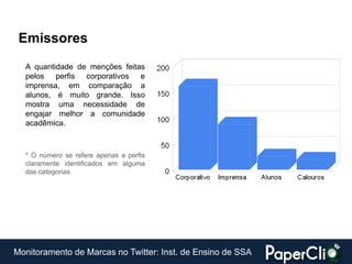 Emissores
  A quantidade de menções feitas
  pelos perfis corporativos e
  imprensa, em comparação a
  alunos, é muito grande. Isso
  mostra uma necessidade de
  engajar melhor a comunidade
  acadêmica.



  * O número se refere apenas a perfis
  claramente identificados em alguma
  das categorias.




Monitoramento de Marcas no Twitter: Inst. de Ensino de SSA
 