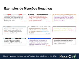 Exemplos de Menções Negativas




Monitoramento de Marcas no Twitter: Inst. de Ensino de SSA
 