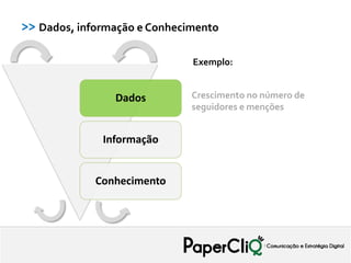 >> Dados, informação e Conhecimento

                              Exemplo:


                Dados         Crescimento no número de
                              seguidores e menções


              Informação


             Conhecimento
 