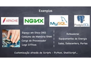 Exemplos
Espaço em Disco (HD)
Consumo de Memória RAM
Carga do Processador
Logs Críticos
Customização através de Scripts - Python, ShellScript…
| 
| 
| 
| 
|
Roteadores
Equipamentos de Energia
Salas, Datacenters, Portas
 