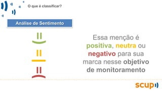 O que é classificar?
Análise de Sentimento
=)=|=( Essa menção é
positiva, neutra ou
negativo para sua
marca nesse objetivo
de monitoramento
 