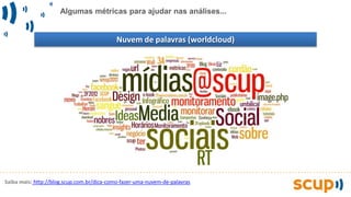 Algumas métricas para ajudar nas análises...
Nuvem de palavras (worldcloud)
Saiba mais: http://blog.scup.com.br/dica-como-fazer-uma-nuvem-de-palavras
 