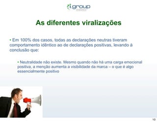 As diferentes viralizações

• Em 100% dos casos, todas as declarações neutras tiveram
comportamento idêntico ao de declarações positivas, levando à
conclusão que:

   • Neutralidade não existe. Mesmo quando não há uma carga emocional
   positiva, a menção aumenta a visibilidade da marca – o que é algo
   essencialmente positivo




                                                                        10
 