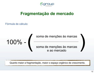 Fragmentação de mercado

Fórmula de cálculo:




                  (                                              )
                          soma de menções às marcas

100% -
                          soma de menções às marcas
                                e ao mercado


   Quanto maior a fragmentação, maior o espaço orgânico de crescimento.


                                                                          13
 
