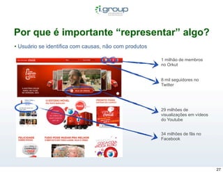 Por que é importante “representar” algo?
• Usuário se identifica com causas, não com produtos

                                                       1 milhão de membros
                                                       no Orkut


                                                       8 mil seguidores no
                                                       Twitter




                                                       29 milhões de
                                                       visualizações em vídeos
                                                       do Youtube


                                                       34 milhões de fãs no
                                                       Facebook




                                                                                 27
 