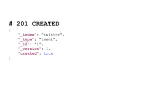 # 201 CREATED
{
"_index": "twitter",
"_type": "tweet",
"_id": "1",
"_version": 1,
"created": true
}
 