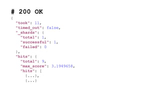 # 200 OK
{
"took": 11,
"timed_out": false,
"_shards": {
"total": 1,
"successful": 1,
"failed": 0
},
"hits": {
"total": 9,
"max_score": 3.1949658,
"hits": [
{...},
{...}
 
