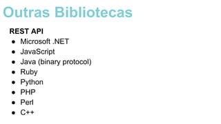 REST API
● Microsoft .NET
● JavaScript
● Java (binary protocol)
● Ruby
● Python
● PHP
● Perl
● C++
Outras Bibliotecas
 