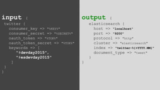 output {
elasticsearch {
host => "localhost"
port => "9200"
protocol => "http"
cluster => "elasticsearch"
index => "twitter-%{+YYYY.MM}"
document_type => "tweet"
}
}
input {
twitter {
consumer_key => "%KEY%"
consumer_secret => "%SECRET%"
oauth_token => "%TOK%"
oauth_token_secret => "%TOK%"
keywords => [
"#devday2015",
"#esdevday2015"
]
}
}
 