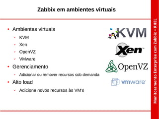 Zabbix em ambientes virtuais

●

Ambientes virtuais
✔

✔

Xen

✔

OpenVZ

✔

●

KVM

VMware

Gerenciamento
✔

●

Adicionar ou remover recursos sob demanda

Alto load
✔

Adicione novos recursos às VM's

 